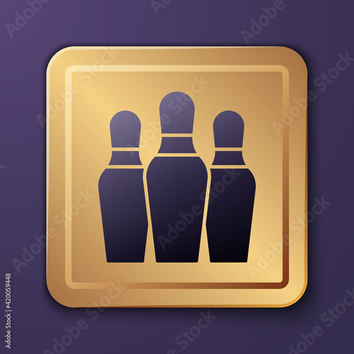 Purple Bowling pin icon isolated on purple background. Gold square button. Vector