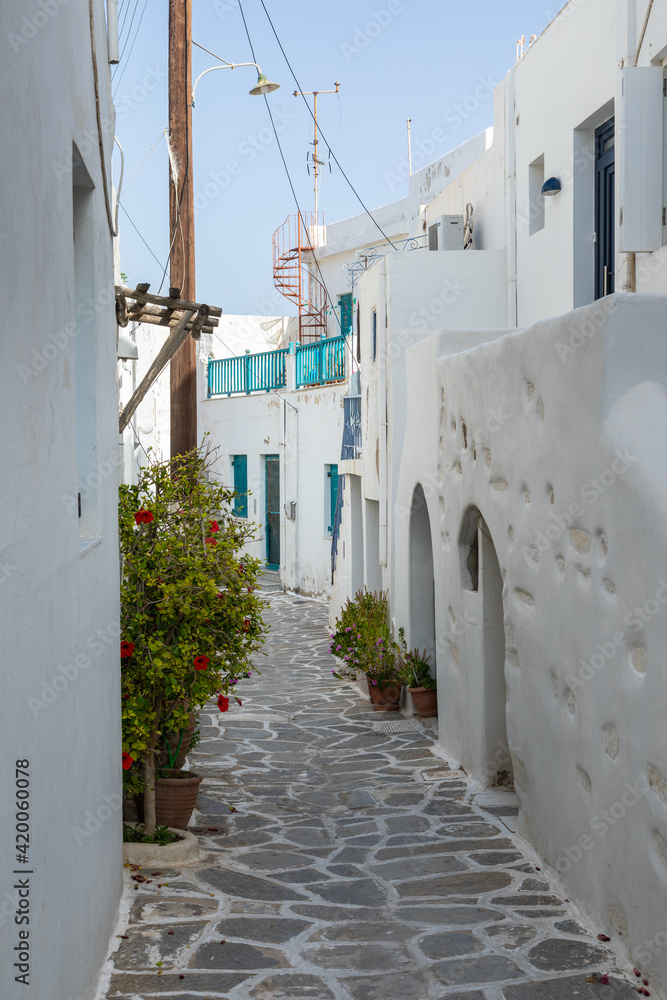 Narrow street of the old town with, Parikia, Paros Island, Greece.