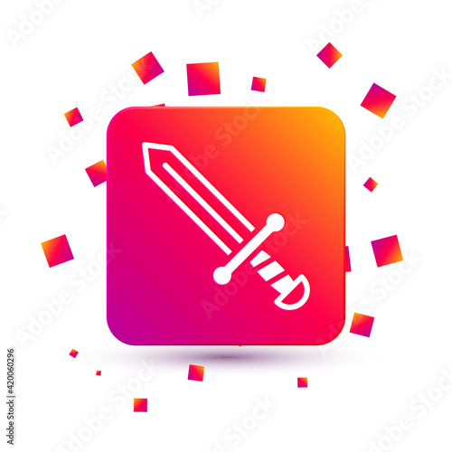 White Medieval sword icon isolated on white background. Medieval weapon. Square color button. Vector