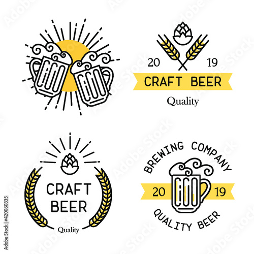 Brewery beer house label with logos of craft beer, emblem for beer house, bar, pub, brewing company, brewery, tavern vector illustration.