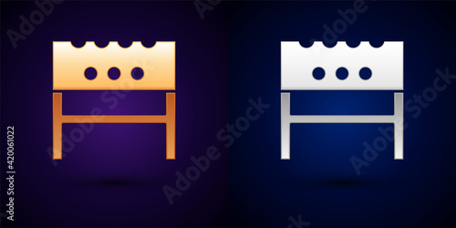 Isometric BBQ brazier icon isolated on orange and pink background. Hexagon button. Vector