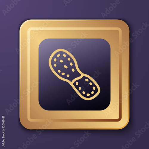 Purple Human footprints shoes icon isolated on purple background. Shoes sole. Gold square button. Vector