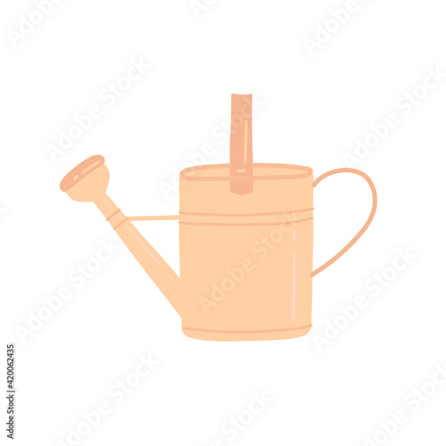 Beige metal watering can or pot isolated on a white background. Flat cartoon  vector illustration.