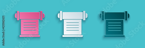 Paper cut Decree, paper, parchment, scroll icon icon isolated on blue background. Paper art style. Vector