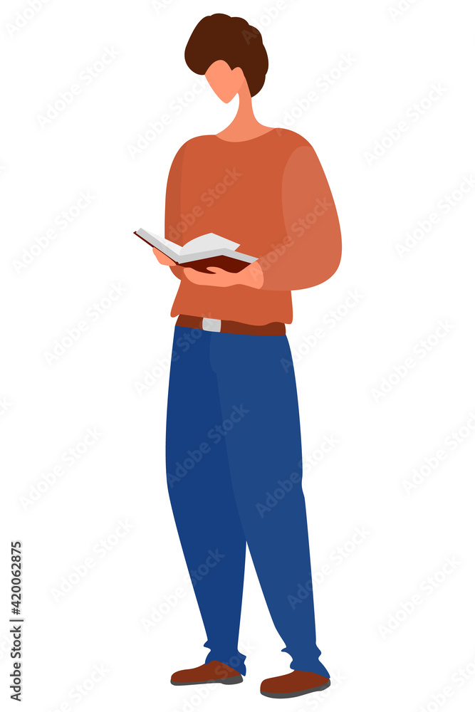 A man stands with an open book in his hands. Vector illustration isolated on white, style is flat. The person is reading an interesting book. A man stands with an open book in his hands. Vector illustration isolated on white, style is flat. The person is reading an interesting book.