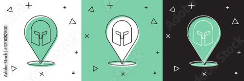Set Greek helmet icon isolated on white and green, black background. Antiques helmet for head protection soldiers with a crest of feathers or horsehair. Vector
