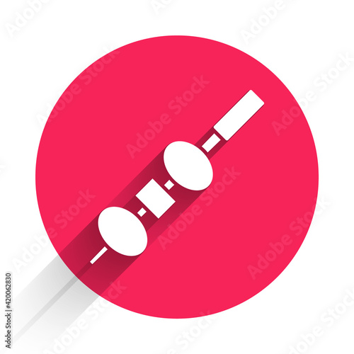 White Olive and cheese on chopstick icon isolated with long shadow. Canape, tapas with cheese and olive. Red circle button. Vector