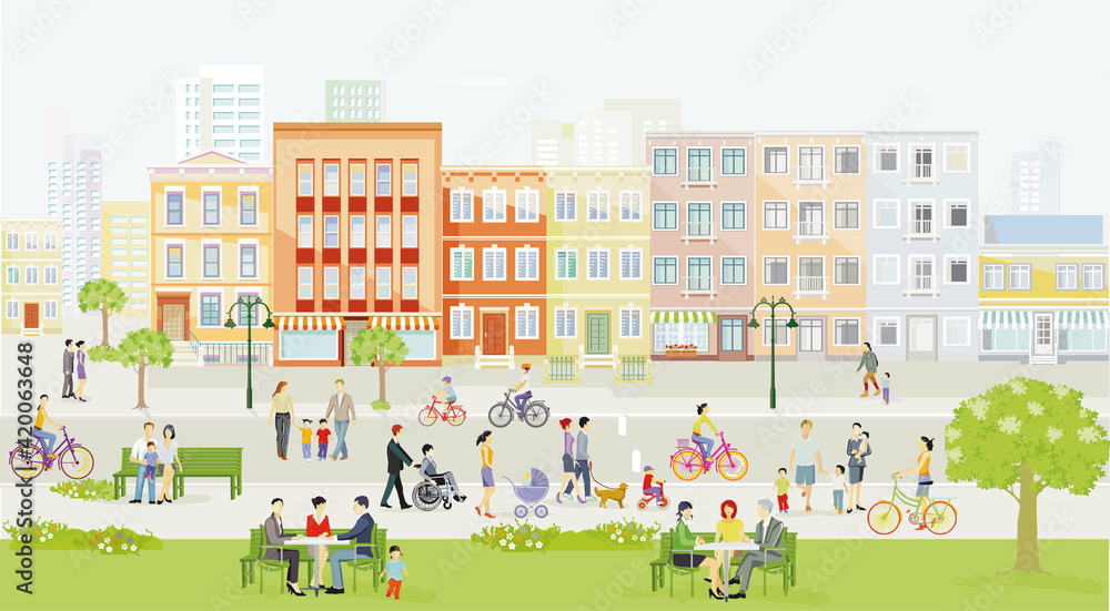 Stadt mit Fußgänger und Familien in der Freizeit, Autofreihe Zone, Illustration