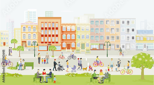 Stadt mit Fußgänger und Familien in der Freizeit, Autofreihe Zone, Illustration