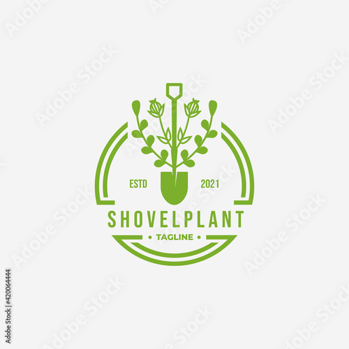 Green Shovel Environment Vintage Logo, Vector Illustration Design of Evergreen Catnip Garden Concept