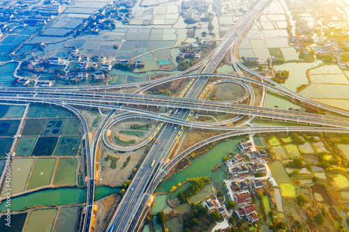 Aerial view of new road interchange or highway intersection in Hangzhou.