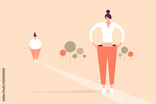 Conceptual illustration of a fat girl turning to slim by doing workout