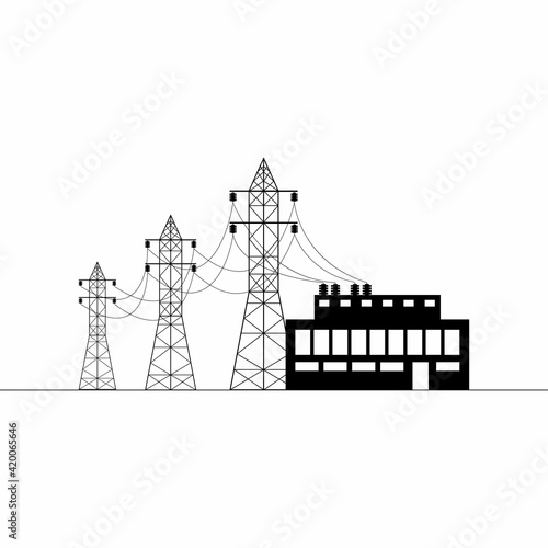 Overhead power line, transformer substation. Electricity transmission and supply. Flat illustration.