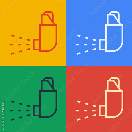 Pop art line Inhaler icon isolated on color background. Breather for cough relief, inhalation, allergic patient. Medical allergy asthma inhaler spray. Vector