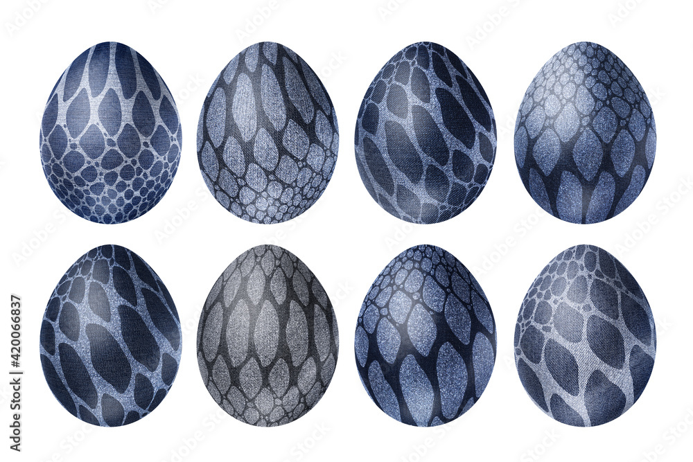 Fantastic denim eggs with snake print. Modern clip art set on white background Fantastic denim eggs with snake print. Modern clip art set on white background