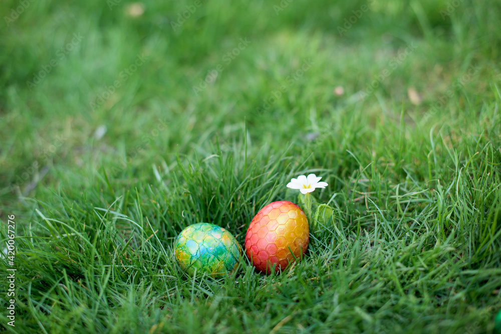 Hidden in the grass Easter eggs, which are painted in different colors Hidden in the grass Easter eggs, which are painted in different colors