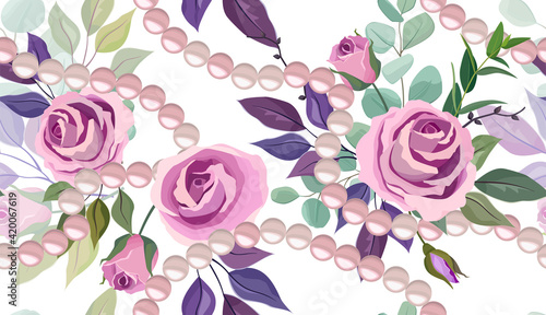 Seamless pattern with roses, leaves and pearls beads