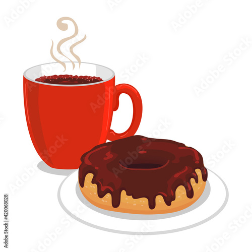 Vector Illustration of a Doughnut Chocolate with Mug of Hot Coffee