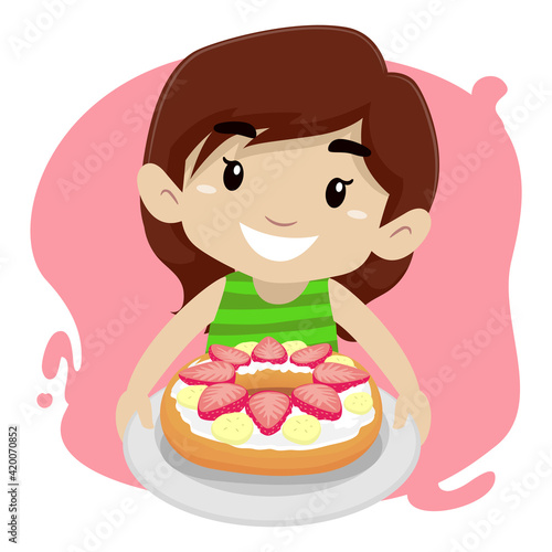 Vector Illustration of a Kid Girl Holding a Plate of Strawberry Bagel, Cake, Dessert