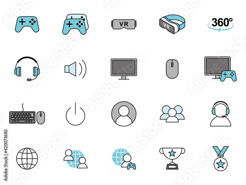 Video games, VR, esports vector icons ゲーム、VR、eスポーツのアイコンセット