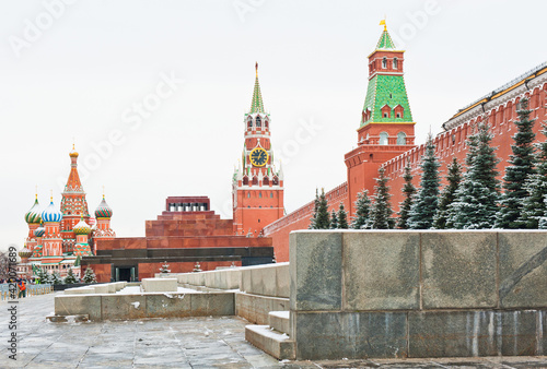 Spasskaya Tower and the Cathedral of Vasily the Blessed (Saint Basil's Cathedral). Red square. Winter day. Moscow. Russia