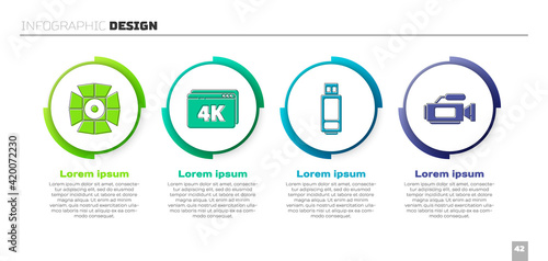 Set Movie spotlight, Online play video with 4k, USB flash drive and Cinema camera. Business infographic template. Vector