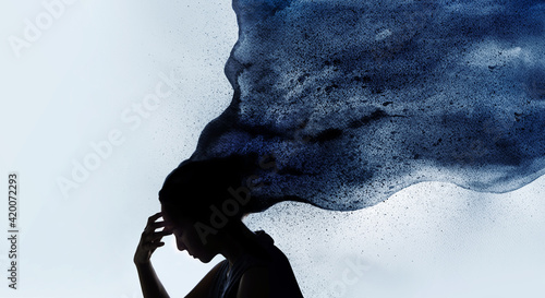 Mental Health Concept. Exhausted Depressed Female touching Forehead. Stressed Woman combined with Silhouette photo and Watercolor photo