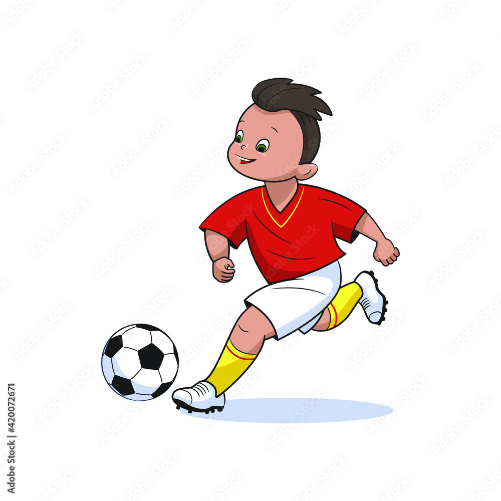 A boy football player, in a red sports shirt, kicks a soccer ball. Vector illustration in cartoon style, isolated flat