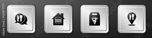 Set Cafe and restaurant location, Online ordering delivery, pizza and icon. Silver square button. Vector