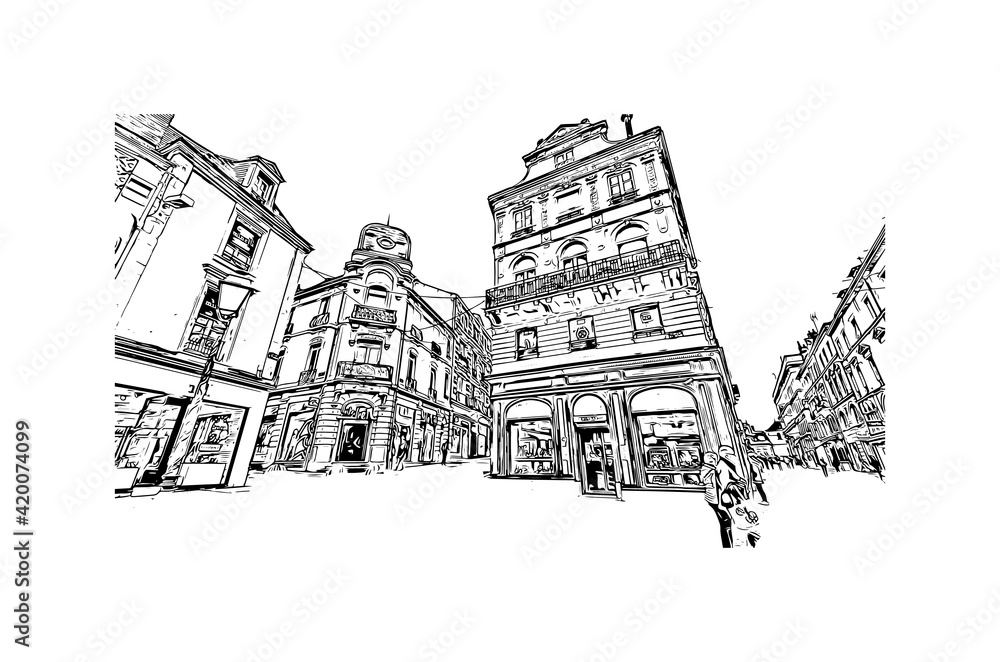 Building view with landmark of Le Mans is a city in northwestern France. Hand drawn sketch illustration in vector.