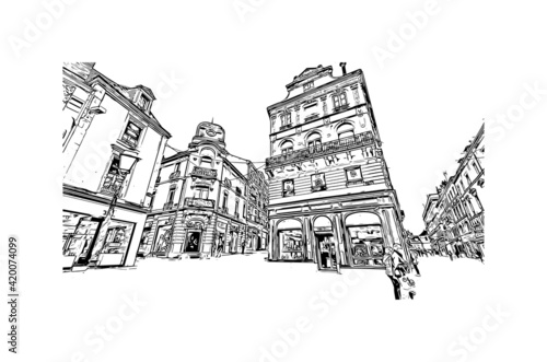 Obraz na płótnie Building view with landmark of Le Mans is a city in northwestern France. Hand drawn sketch illustration in vector. w salonie