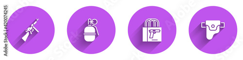 Set Tommy gun, Hand grenade, Buying pistol and Gun holster icon with long shadow. Vector