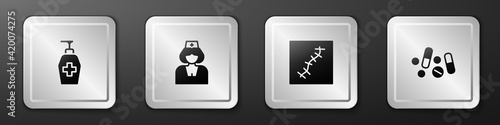 Set Liquid antibacterial soap, Nurse, Scar with suture and Medicine pill or tablet icon. Silver square button. Vector