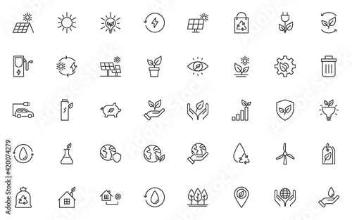 set of eco line icons, save the world, earth day, clean energy, nature