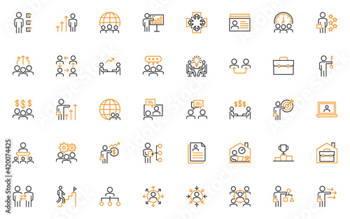 set of business people thin line icons, teamwork, businessman, meeting, work