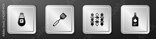 Set Pepper, Spatula, Grilled shish kebab and Tabasco sauce icon. Silver square button. Vector