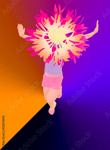 Illustration of happy young girl jumping isolated on spring or summer background.