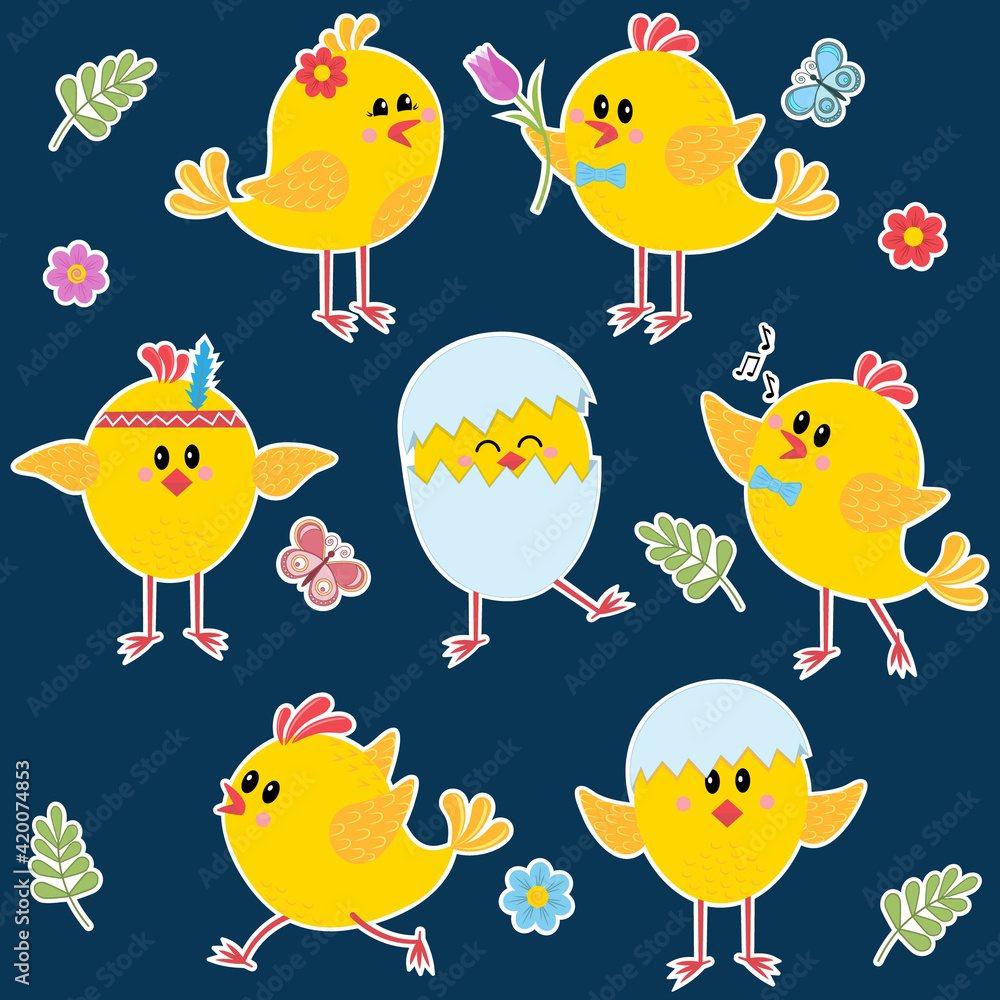 set of chicken stickers isolated on white background, color vector illustration