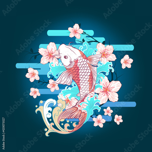 Abstract Art Flying Carp KOI Fish with Water Splash Surrounded and Sakura Flowers Floating Around with Horizontal Cloud on Dark Blue Gradient Background Vector Design Template for Wrapping Paper