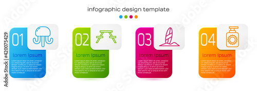 Set line Jellyfish, Picnic table with benches, Surfboard and Sunscreen spray bottle. Business infographic template. Vector