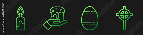 Set line Easter egg, Burning candle, Human hand and easter cake and Christian cross. Gradient color icons. Vector