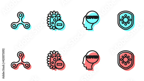 Set line Corona virus covid-19, Virus, Negative and Shield protecting from icon. Vector