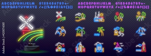 agriculture neon icons, vector neon glow on dark background. agriculture neon icons. farms, fields, forests, mountain roads and village houses neon icons for promotions