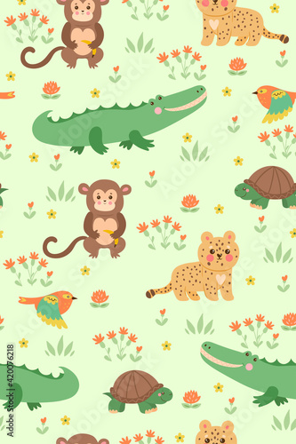Seamless pattern with cute tropical animals. Vector graphics.