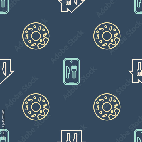 Set line Online ordering and delivery, Donut and on seamless pattern. Vector