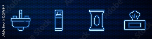 Set line Wet wipe pack, Washbasin with water tap, Shaving gel foam and . Glowing neon icon on brick wall. Vector