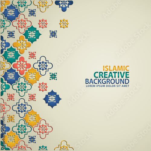 Islamic design greeting card background template with ornamental colorful detail of floral mosaic islamic art ornament