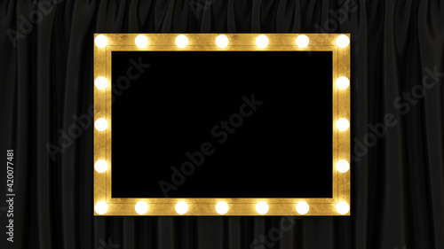 Makeup mirror on black silk fabric. Black stage silk curtain. Fashion background. 3d rendering. High resolution. © Khrystyna