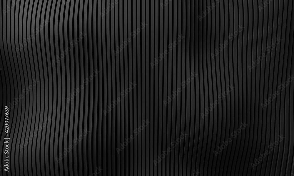 Black parametric backdrop. Abstract lines. Dark background. Wavy surface. Tor view. 3d rendering. Black parametric backdrop. Abstract lines. Dark background. Wavy surface. Tor view. 3d rendering.