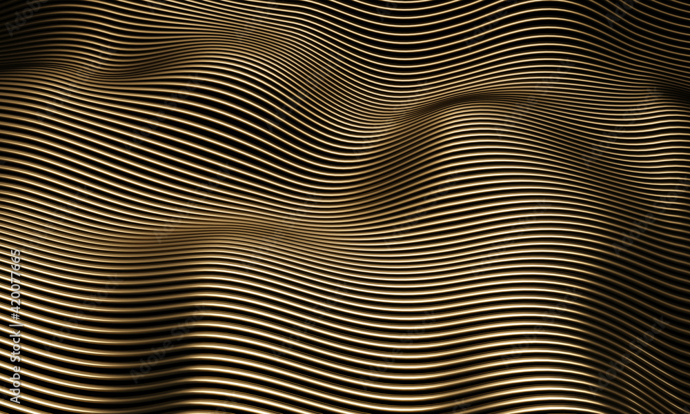 Gold parametric structure. Abstract lines. Dark background. Wavy surface. 3d rendering.